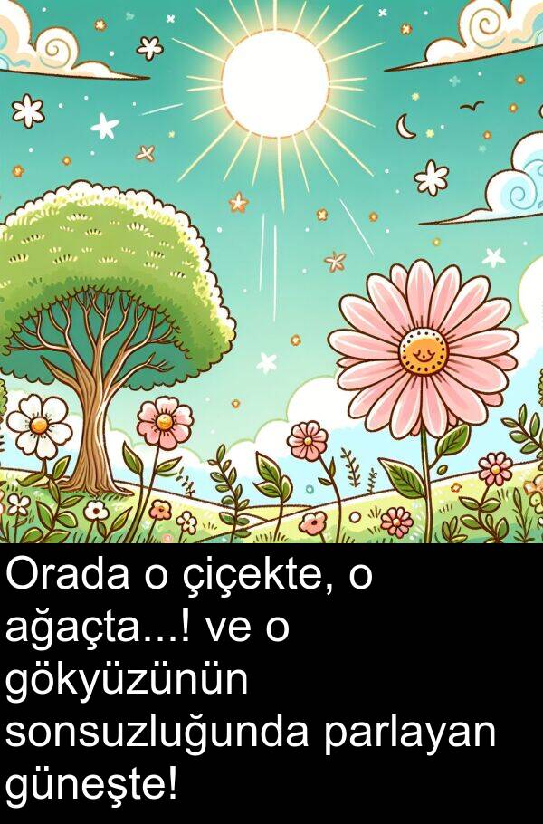 parlayan: Orada o çiçekte, o ağaçta...! ve o gökyüzünün sonsuzluğunda parlayan güneşte!