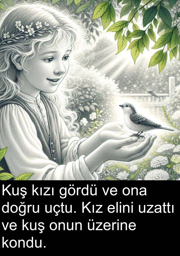 uçtu: Kuş kızı gördü ve ona doğru uçtu. Kız elini uzattı ve kuş onun üzerine kondu.