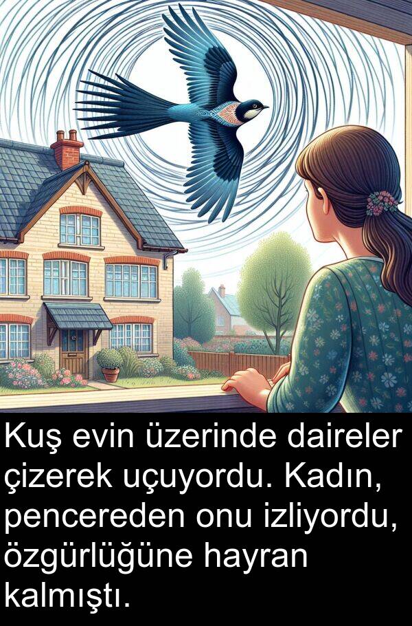 daireler: Kuş evin üzerinde daireler çizerek uçuyordu. Kadın, pencereden onu izliyordu, özgürlüğüne hayran kalmıştı.