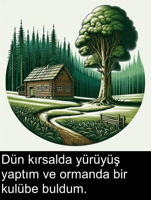 yaptım: Dün kırsalda yürüyüş yaptım ve ormanda bir kulübe buldum.