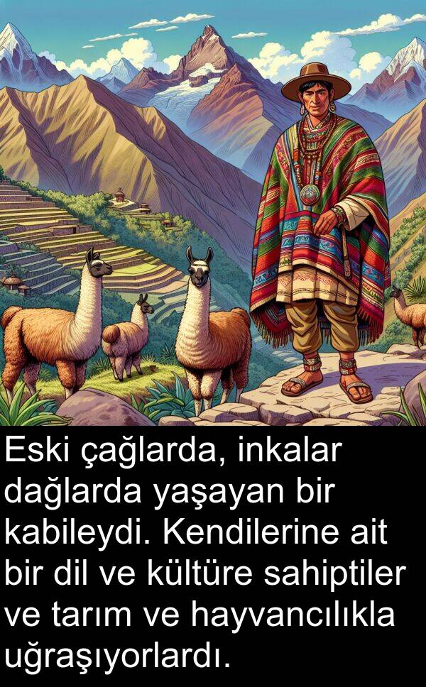 dağlarda: Eski çağlarda, inkalar dağlarda yaşayan bir kabileydi. Kendilerine ait bir dil ve kültüre sahiptiler ve tarım ve hayvancılıkla uğraşıyorlardı.