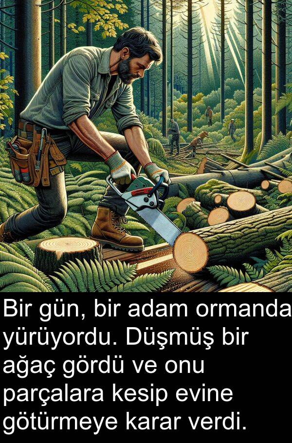 verdi: Bir gün, bir adam ormanda yürüyordu. Düşmüş bir ağaç gördü ve onu parçalara kesip evine götürmeye karar verdi.