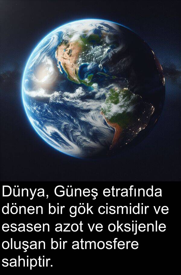 oluşan: Dünya, Güneş etrafında dönen bir gök cismidir ve esasen azot ve oksijenle oluşan bir atmosfere sahiptir.