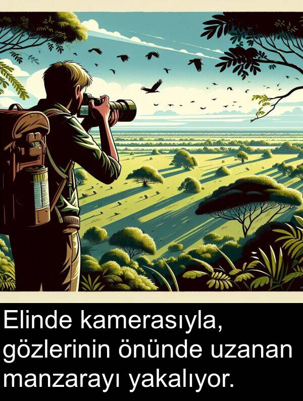 yakalıyor: Elinde kamerasıyla, gözlerinin önünde uzanan manzarayı yakalıyor.