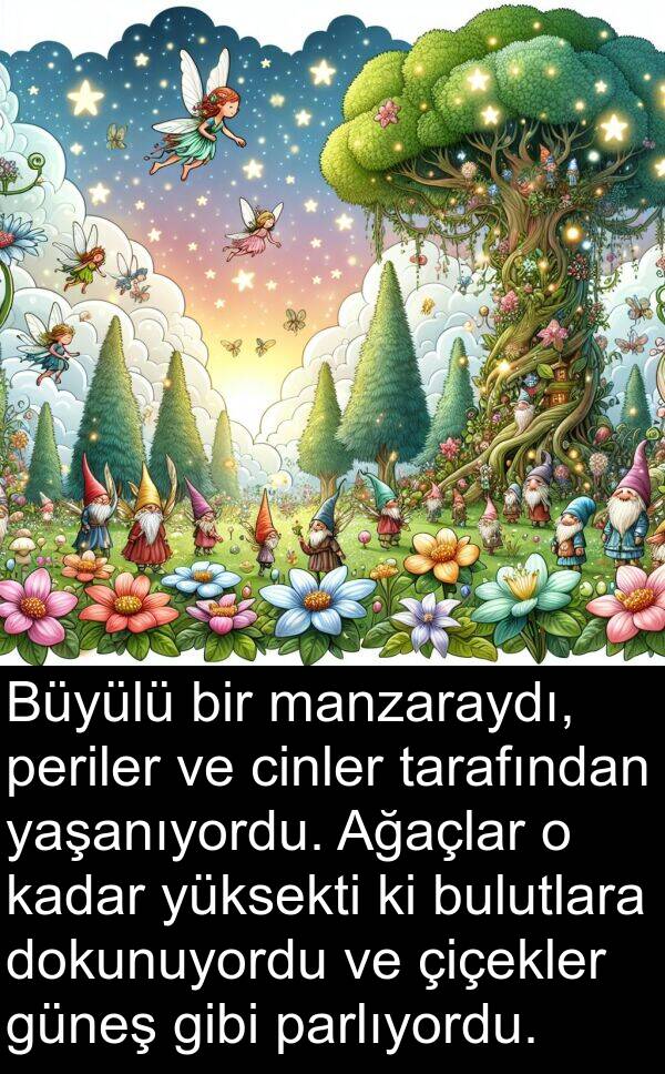 tarafından: Büyülü bir manzaraydı, periler ve cinler tarafından yaşanıyordu. Ağaçlar o kadar yüksekti ki bulutlara dokunuyordu ve çiçekler güneş gibi parlıyordu.