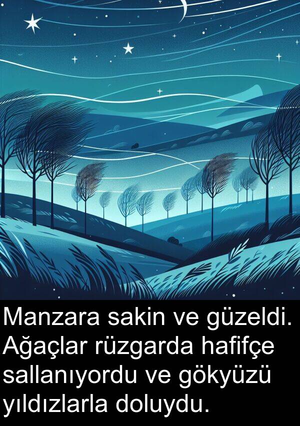 hafifçe: Manzara sakin ve güzeldi. Ağaçlar rüzgarda hafifçe sallanıyordu ve gökyüzü yıldızlarla doluydu.