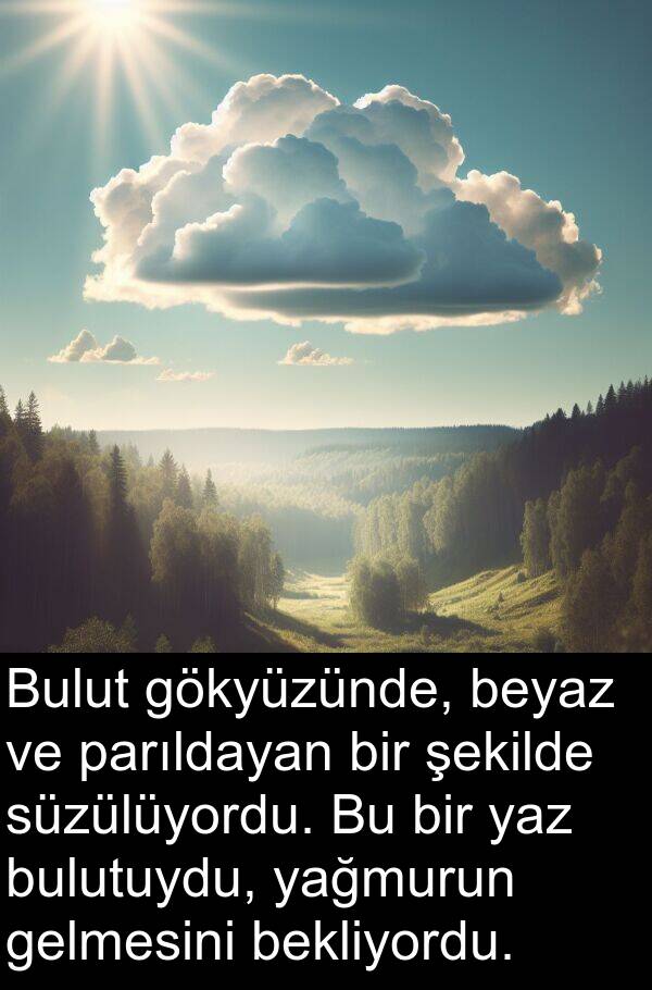 yağmurun: Bulut gökyüzünde, beyaz ve parıldayan bir şekilde süzülüyordu. Bu bir yaz bulutuydu, yağmurun gelmesini bekliyordu.