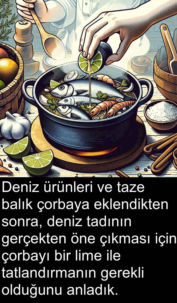 lime: Deniz ürünleri ve taze balık çorbaya eklendikten sonra, deniz tadının gerçekten öne çıkması için çorbayı bir lime ile tatlandırmanın gerekli olduğunu anladık.