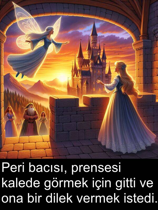 vermek: Peri bacısı, prensesi kalede görmek için gitti ve ona bir dilek vermek istedi.