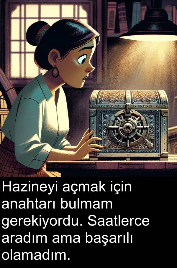 başarılı: Hazineyi açmak için anahtarı bulmam gerekiyordu. Saatlerce aradım ama başarılı olamadım.