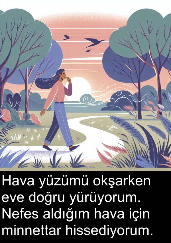 hava: Hava yüzümü okşarken eve doğru yürüyorum. Nefes aldığım hava için minnettar hissediyorum.