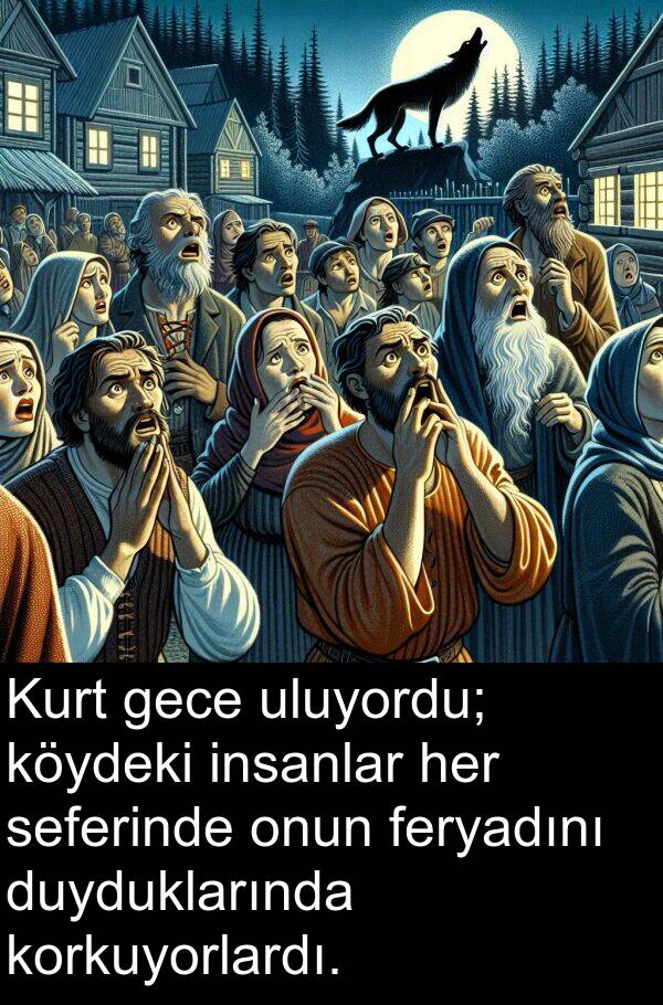 uluyordu: Kurt gece uluyordu; köydeki insanlar her seferinde onun feryadını duyduklarında korkuyorlardı.