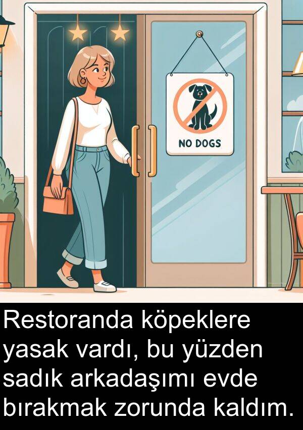 yüzden: Restoranda köpeklere yasak vardı, bu yüzden sadık arkadaşımı evde bırakmak zorunda kaldım.