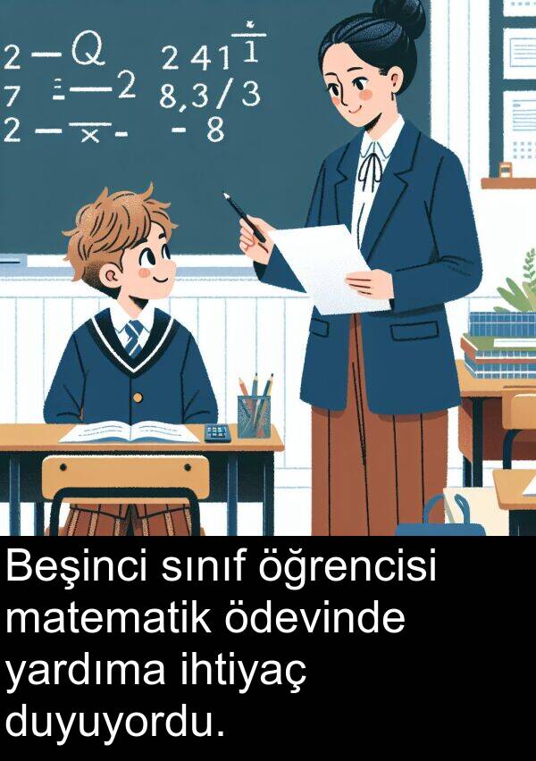 yardıma: Beşinci sınıf öğrencisi matematik ödevinde yardıma ihtiyaç duyuyordu.