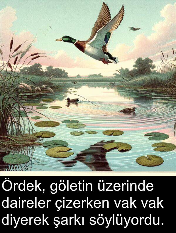 daireler: Ördek, göletin üzerinde daireler çizerken vak vak diyerek şarkı söylüyordu.