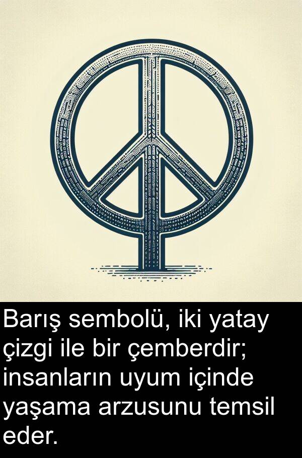 çemberdir: Barış sembolü, iki yatay çizgi ile bir çemberdir; insanların uyum içinde yaşama arzusunu temsil eder.