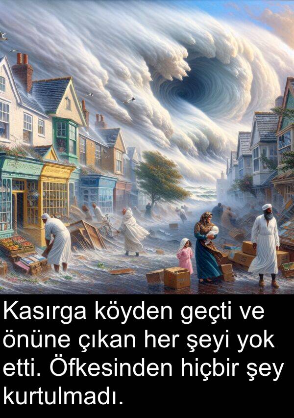 çıkan: Kasırga köyden geçti ve önüne çıkan her şeyi yok etti. Öfkesinden hiçbir şey kurtulmadı.