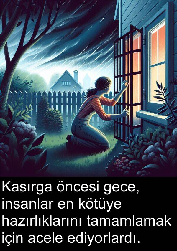 tamamlamak: Kasırga öncesi gece, insanlar en kötüye hazırlıklarını tamamlamak için acele ediyorlardı.