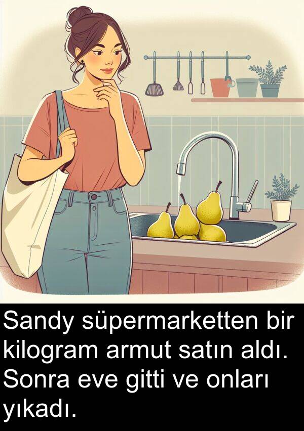 onları: Sandy süpermarketten bir kilogram armut satın aldı. Sonra eve gitti ve onları yıkadı.