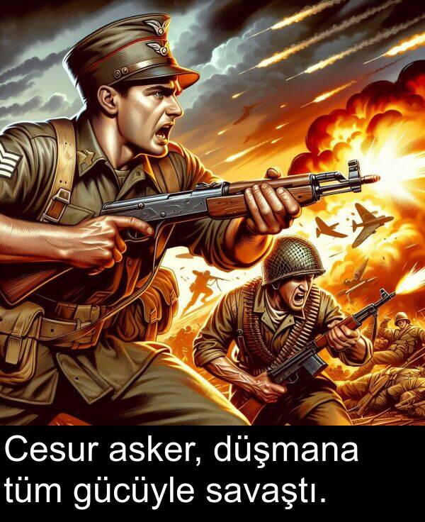 savaştı: Cesur asker, düşmana tüm gücüyle savaştı.