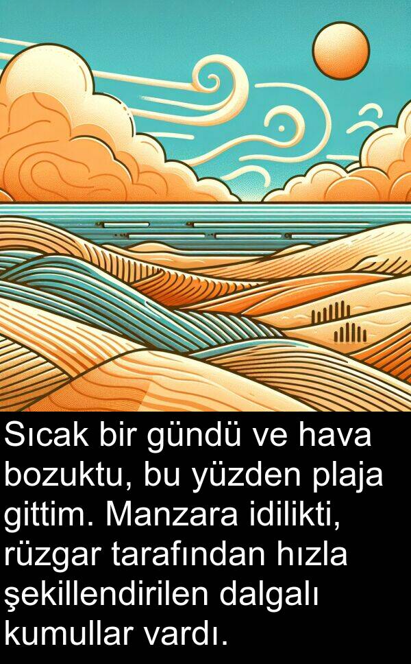 yüzden: Sıcak bir gündü ve hava bozuktu, bu yüzden plaja gittim. Manzara idilikti, rüzgar tarafından hızla şekillendirilen dalgalı kumullar vardı.