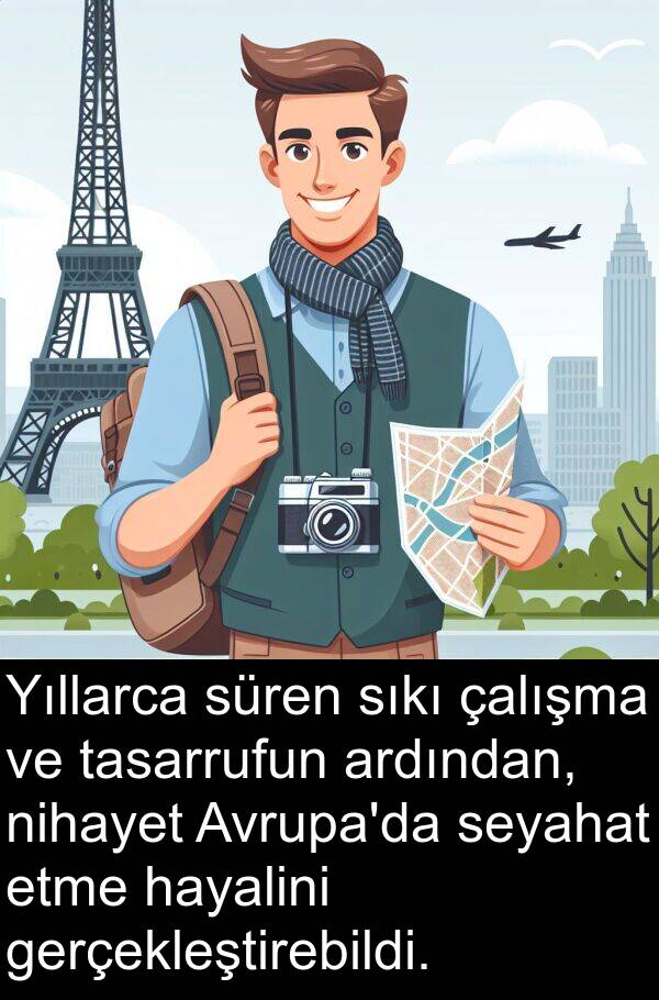 hayalini: Yıllarca süren sıkı çalışma ve tasarrufun ardından, nihayet Avrupa'da seyahat etme hayalini gerçekleştirebildi.