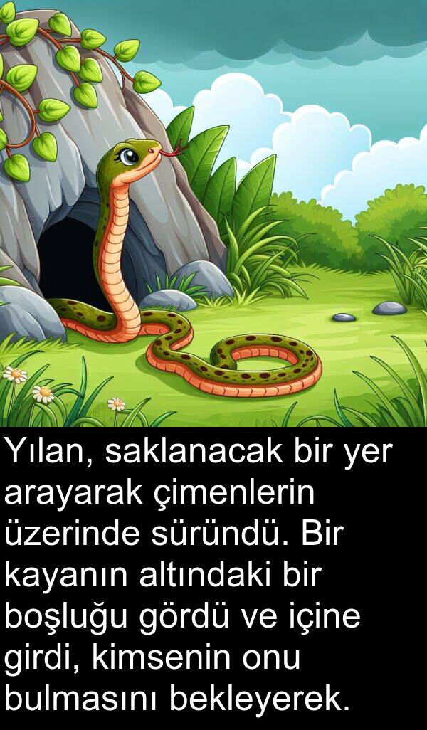 içine: Yılan, saklanacak bir yer arayarak çimenlerin üzerinde süründü. Bir kayanın altındaki bir boşluğu gördü ve içine girdi, kimsenin onu bulmasını bekleyerek.