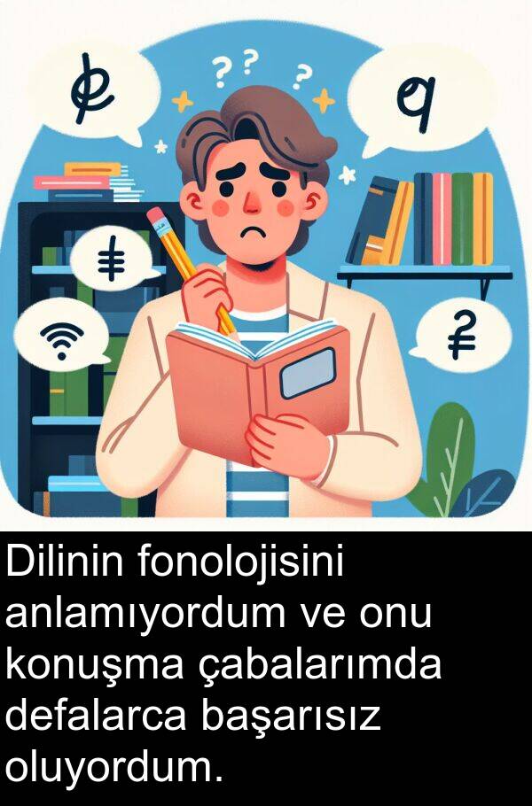 çabalarımda: Dilinin fonolojisini anlamıyordum ve onu konuşma çabalarımda defalarca başarısız oluyordum.