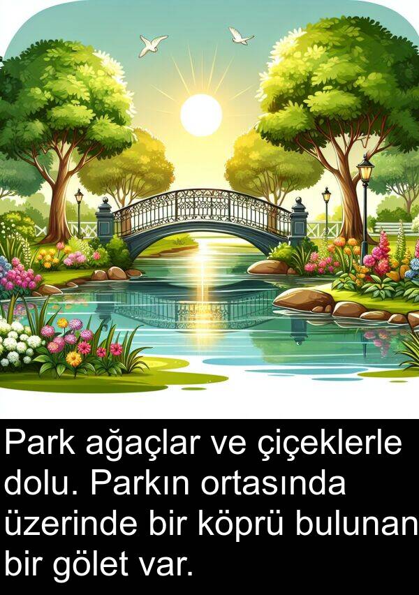 ağaçlar: Park ağaçlar ve çiçeklerle dolu. Parkın ortasında üzerinde bir köprü bulunan bir gölet var.