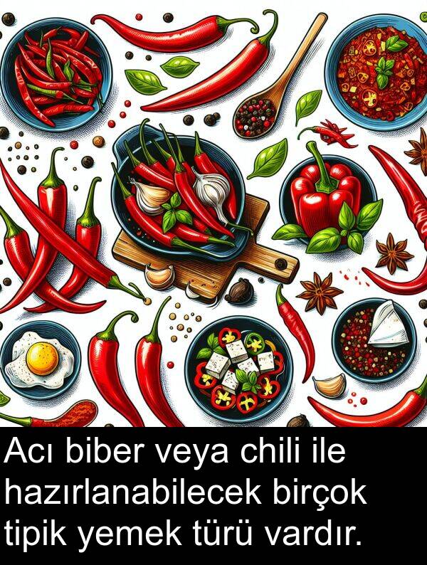 hazırlanabilecek: Acı biber veya chili ile hazırlanabilecek birçok tipik yemek türü vardır.