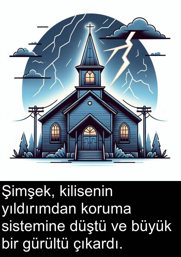 çıkardı: Şimşek, kilisenin yıldırımdan koruma sistemine düştü ve büyük bir gürültü çıkardı.