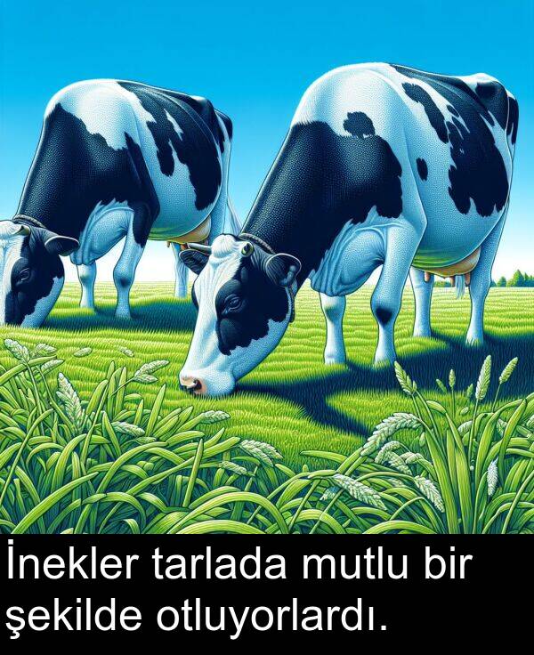 tarlada: İnekler tarlada mutlu bir şekilde otluyorlardı.