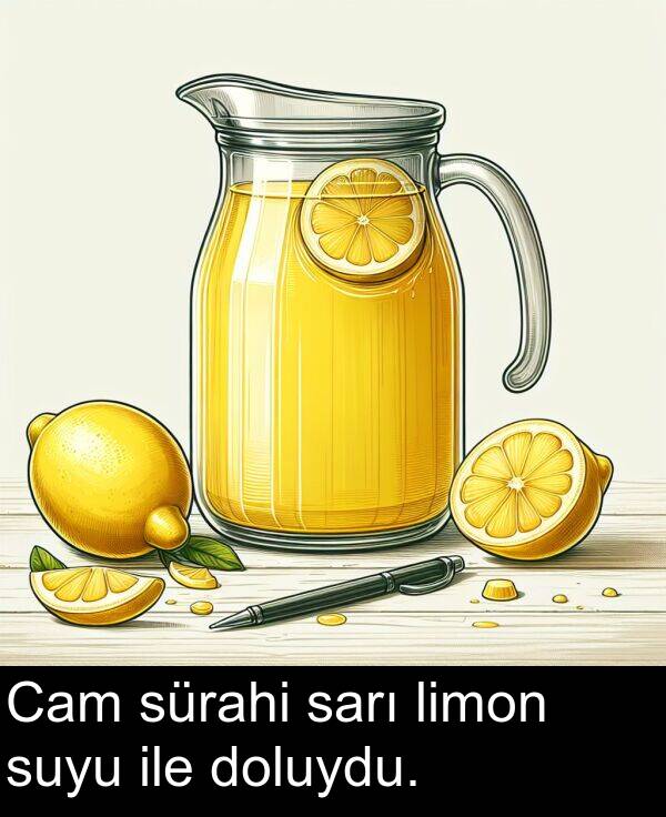 limon: Cam sürahi sarı limon suyu ile doluydu.