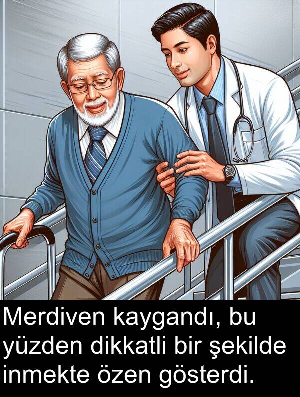 yüzden: Merdiven kaygandı, bu yüzden dikkatli bir şekilde inmekte özen gösterdi.