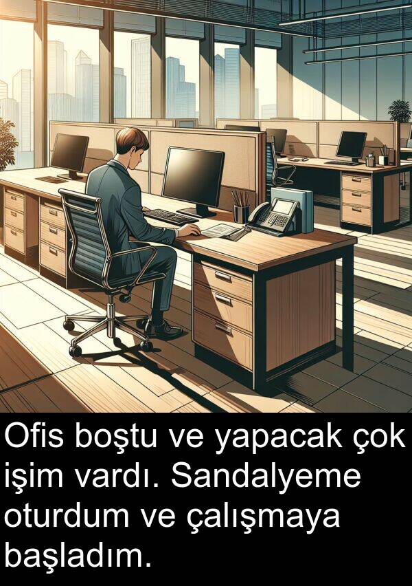 yapacak: Ofis boştu ve yapacak çok işim vardı. Sandalyeme oturdum ve çalışmaya başladım.