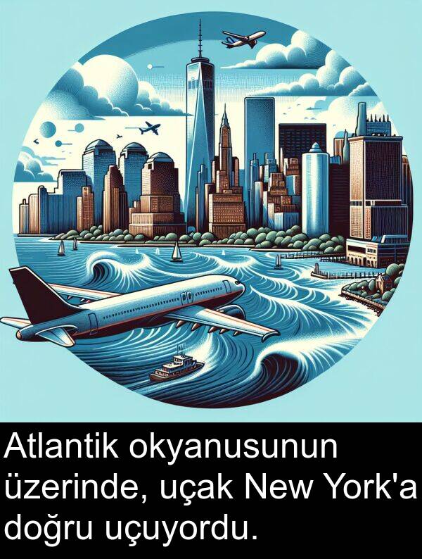 uçak: Atlantik okyanusunun üzerinde, uçak New York'a doğru uçuyordu.