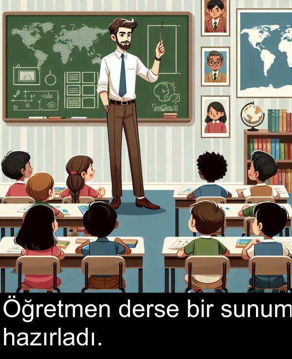 hazırladı: Öğretmen derse bir sunum hazırladı.