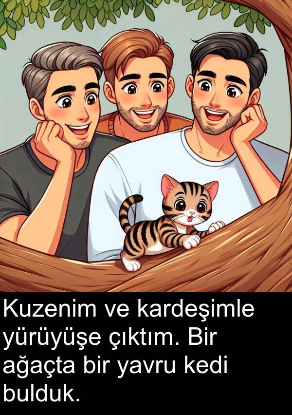 çıktım: Kuzenim ve kardeşimle yürüyüşe çıktım. Bir ağaçta bir yavru kedi bulduk.