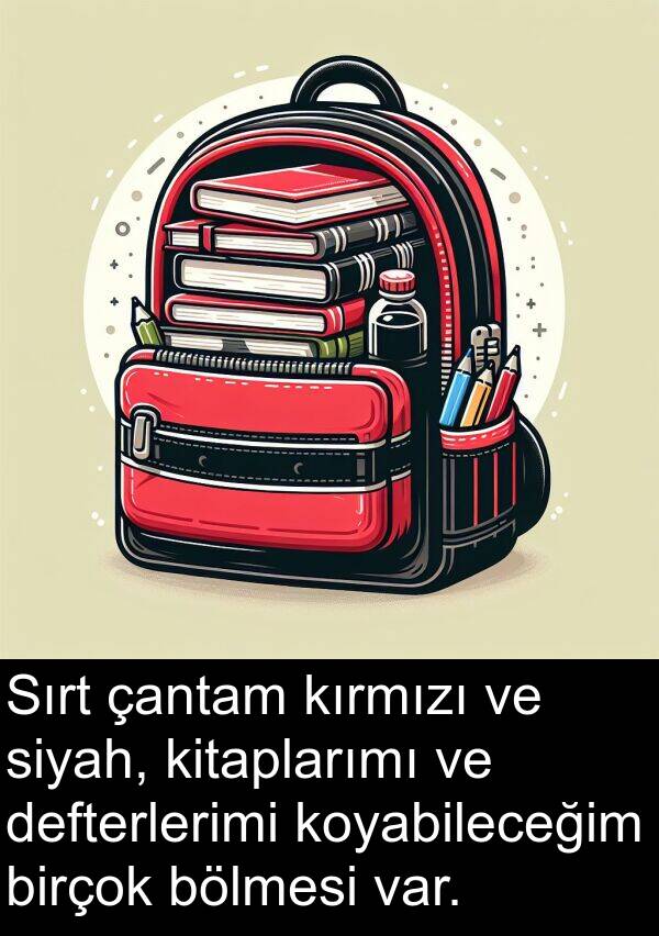 çantam: Sırt çantam kırmızı ve siyah, kitaplarımı ve defterlerimi koyabileceğim birçok bölmesi var.