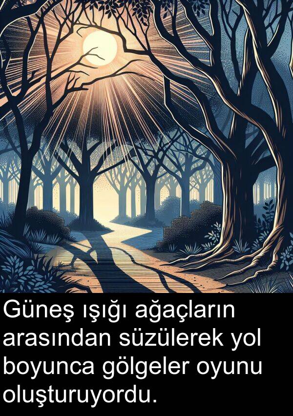 ağaçların: Güneş ışığı ağaçların arasından süzülerek yol boyunca gölgeler oyunu oluşturuyordu.