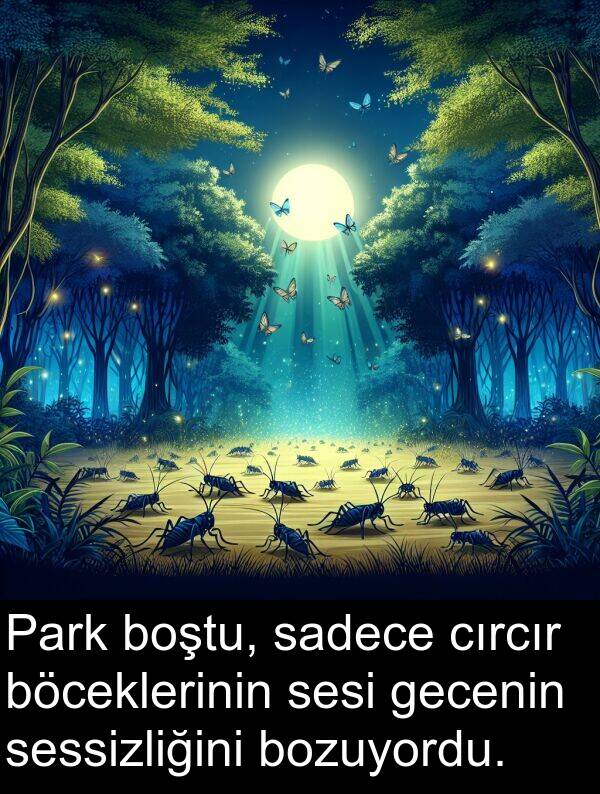 sadece: Park boştu, sadece cırcır böceklerinin sesi gecenin sessizliğini bozuyordu.