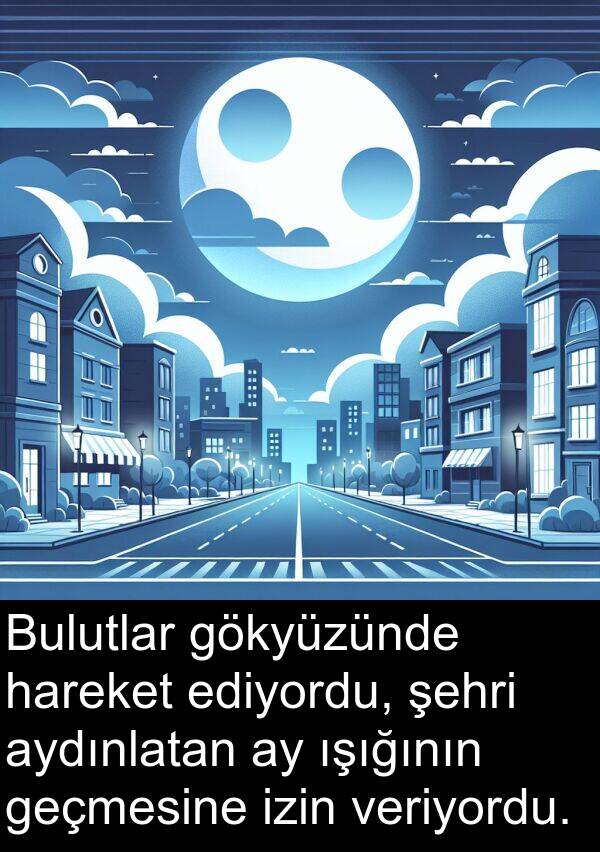 hareket: Bulutlar gökyüzünde hareket ediyordu, şehri aydınlatan ay ışığının geçmesine izin veriyordu.