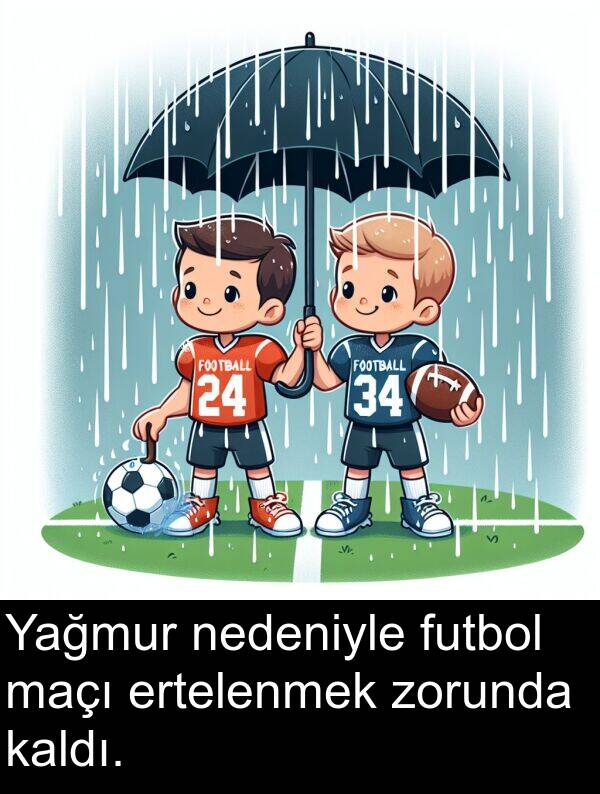 kaldı: Yağmur nedeniyle futbol maçı ertelenmek zorunda kaldı.