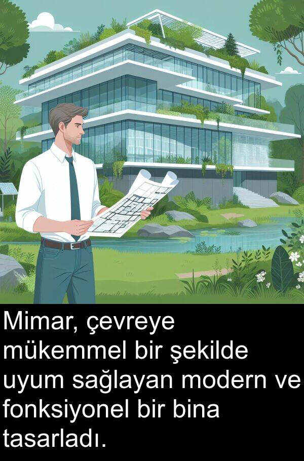 çevreye: Mimar, çevreye mükemmel bir şekilde uyum sağlayan modern ve fonksiyonel bir bina tasarladı.