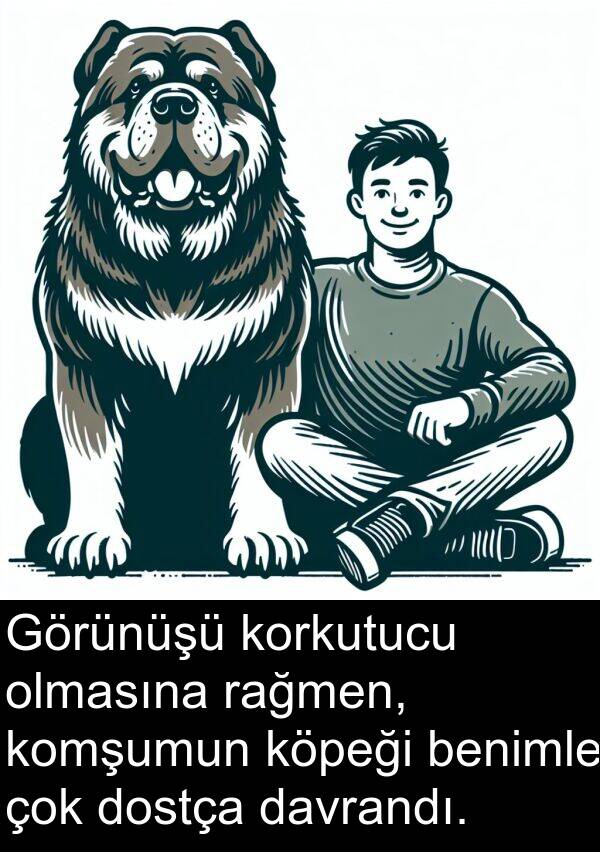 davrandı: Görünüşü korkutucu olmasına rağmen, komşumun köpeği benimle çok dostça davrandı.