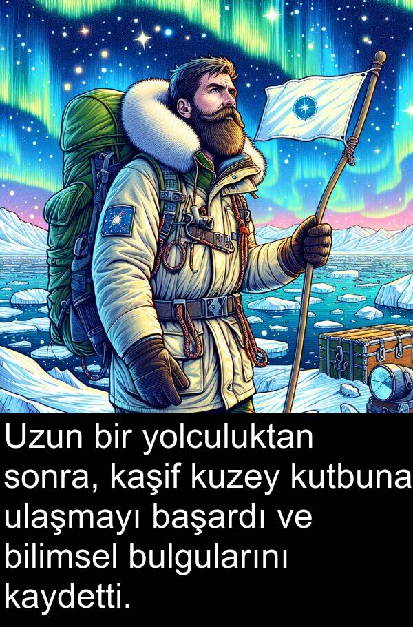 ulaşmayı: Uzun bir yolculuktan sonra, kaşif kuzey kutbuna ulaşmayı başardı ve bilimsel bulgularını kaydetti.