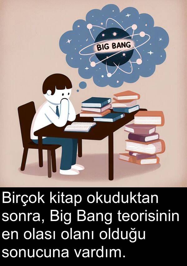 vardım: Birçok kitap okuduktan sonra, Big Bang teorisinin en olası olanı olduğu sonucuna vardım.