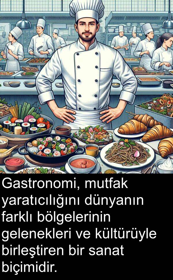 yaratıcılığını: Gastronomi, mutfak yaratıcılığını dünyanın farklı bölgelerinin gelenekleri ve kültürüyle birleştiren bir sanat biçimidir.