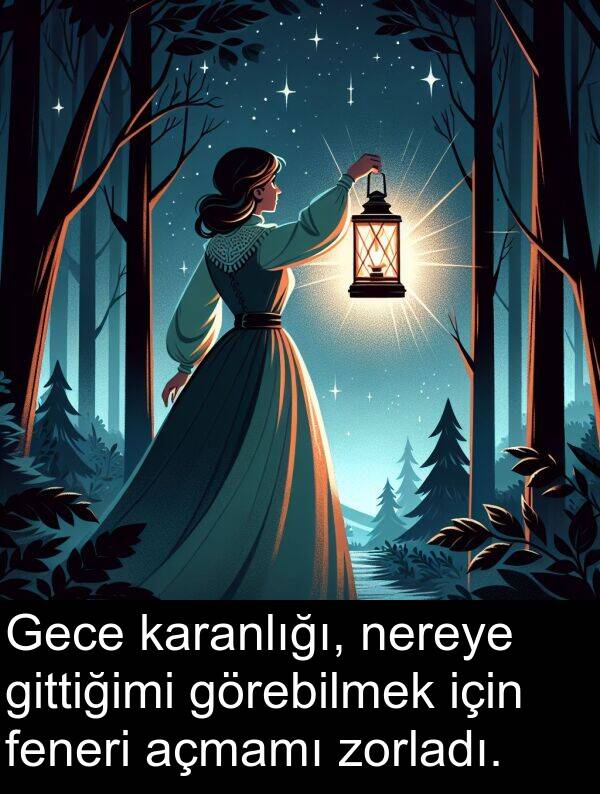 zorladı: Gece karanlığı, nereye gittiğimi görebilmek için feneri açmamı zorladı.