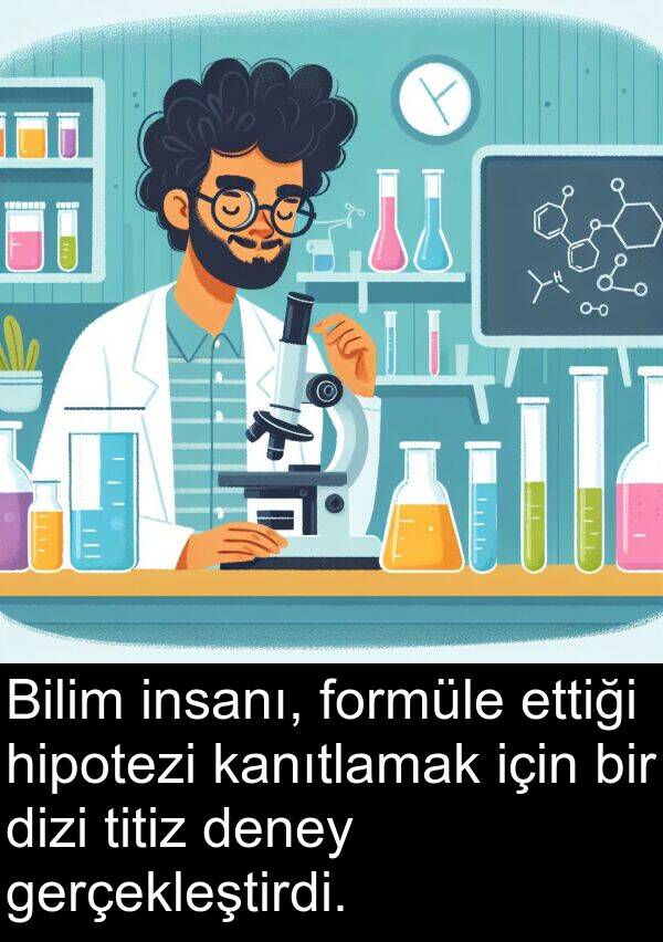 deney: Bilim insanı, formüle ettiği hipotezi kanıtlamak için bir dizi titiz deney gerçekleştirdi.